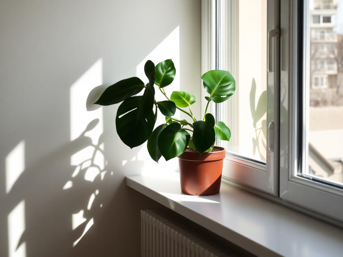 Houseplant on a windowsill in bright indirect sunlight