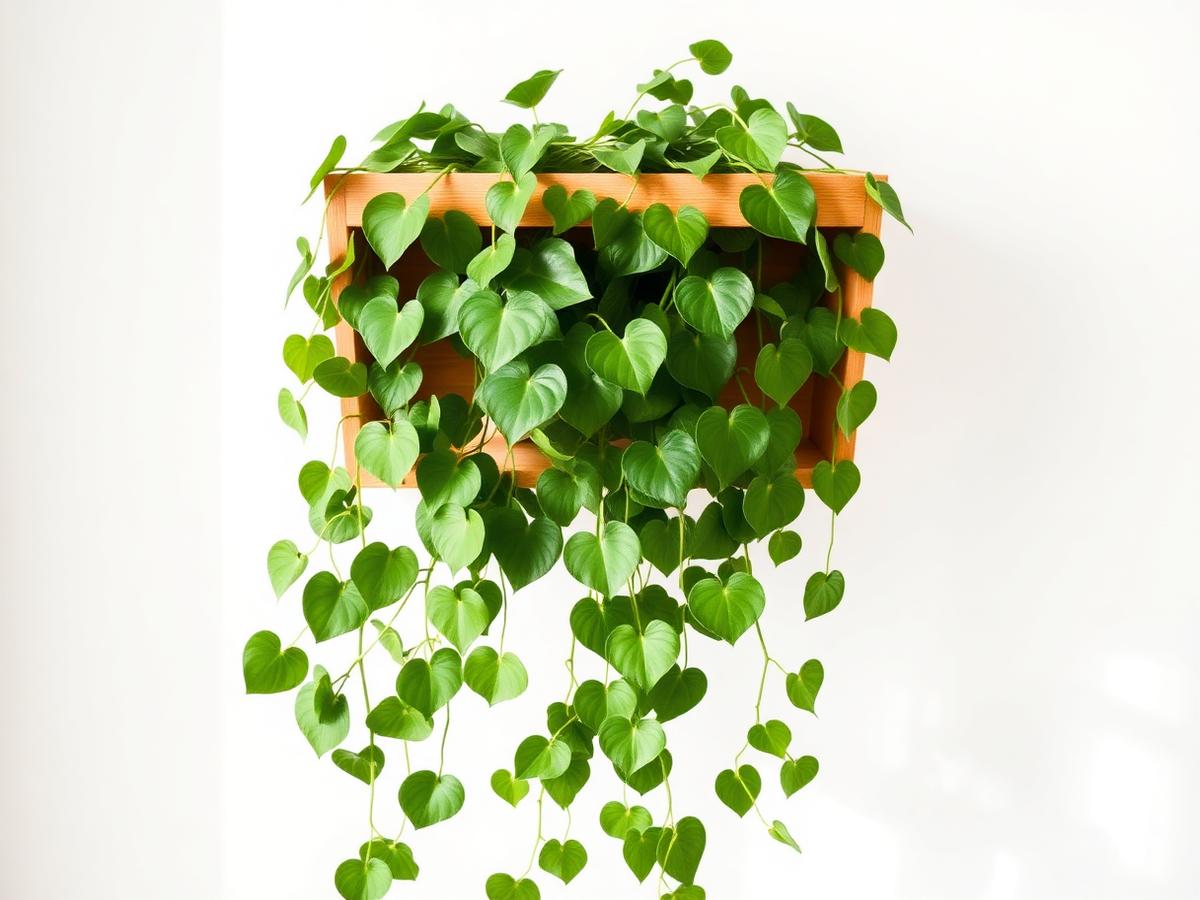 Trailing pothos plant cascading from a wooden shelf
