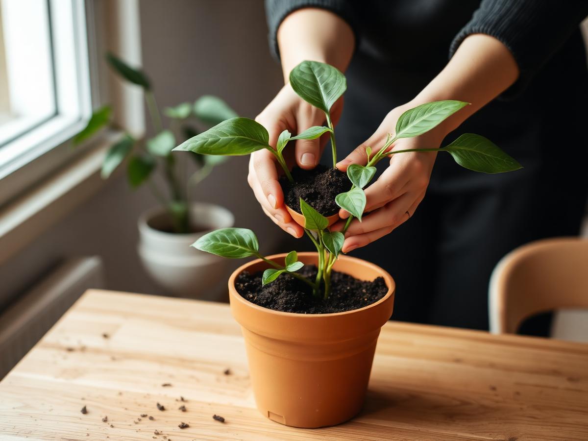 A newly-bought houseplant next to an empty terracotta pot and a bag of potting mix on a wooden table