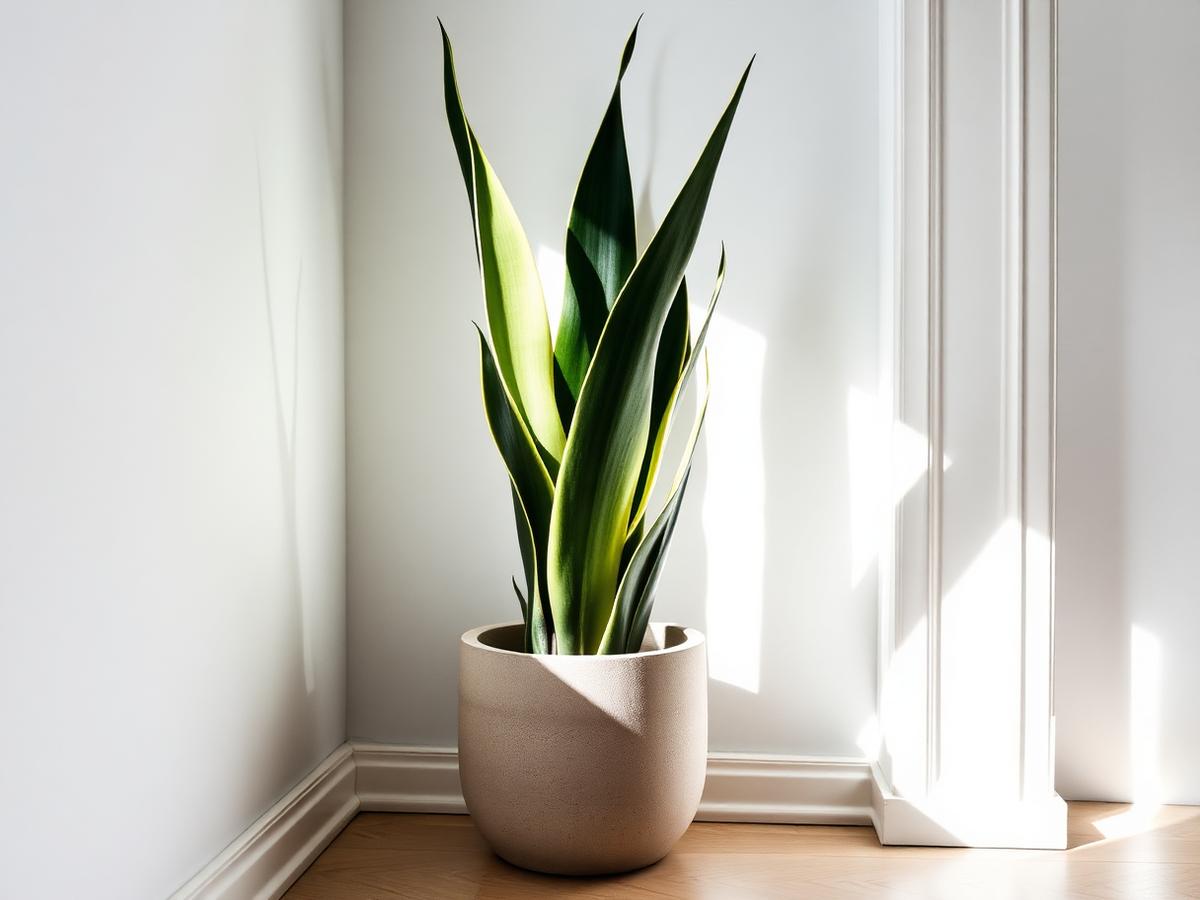 Snake plant in a minimalist concrete pot in a bright corner
