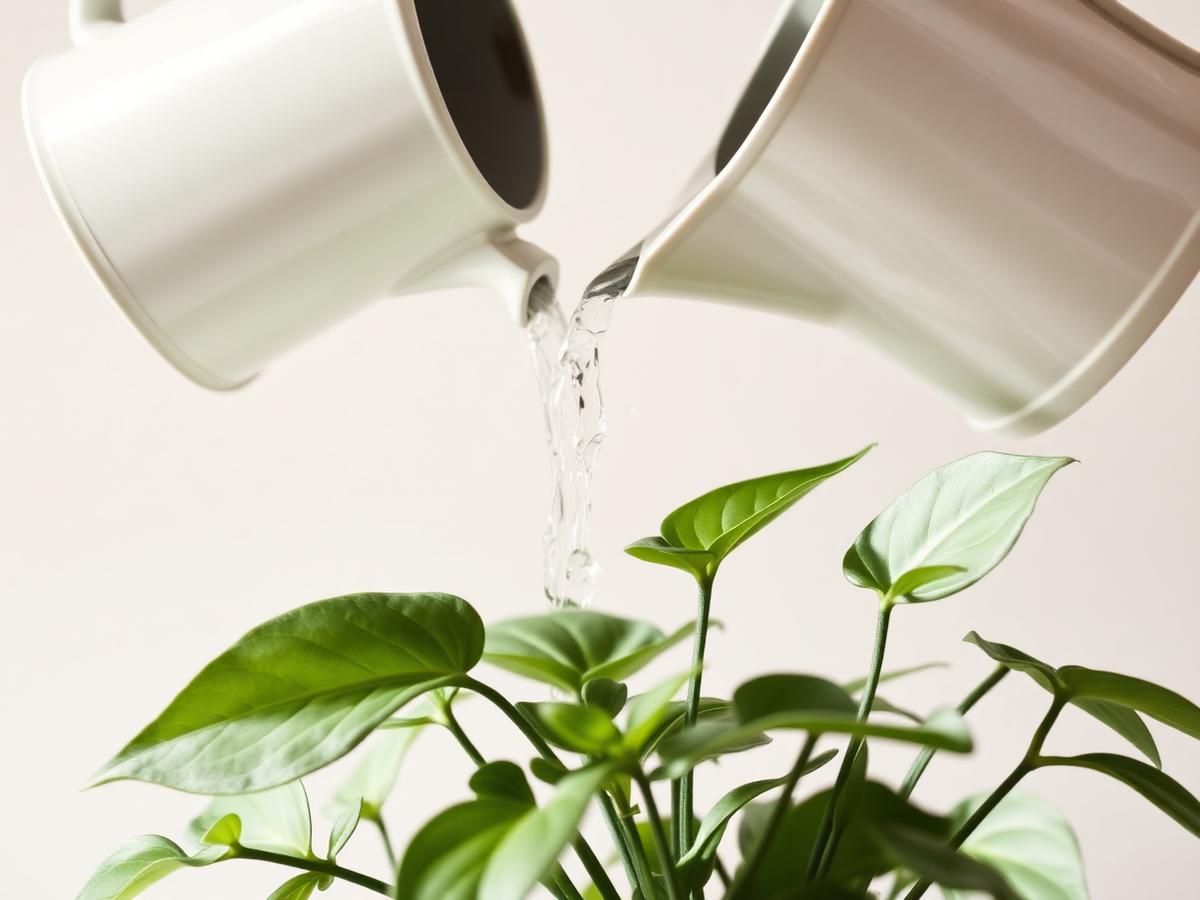 Watering can pouring water over a healthy green houseplant