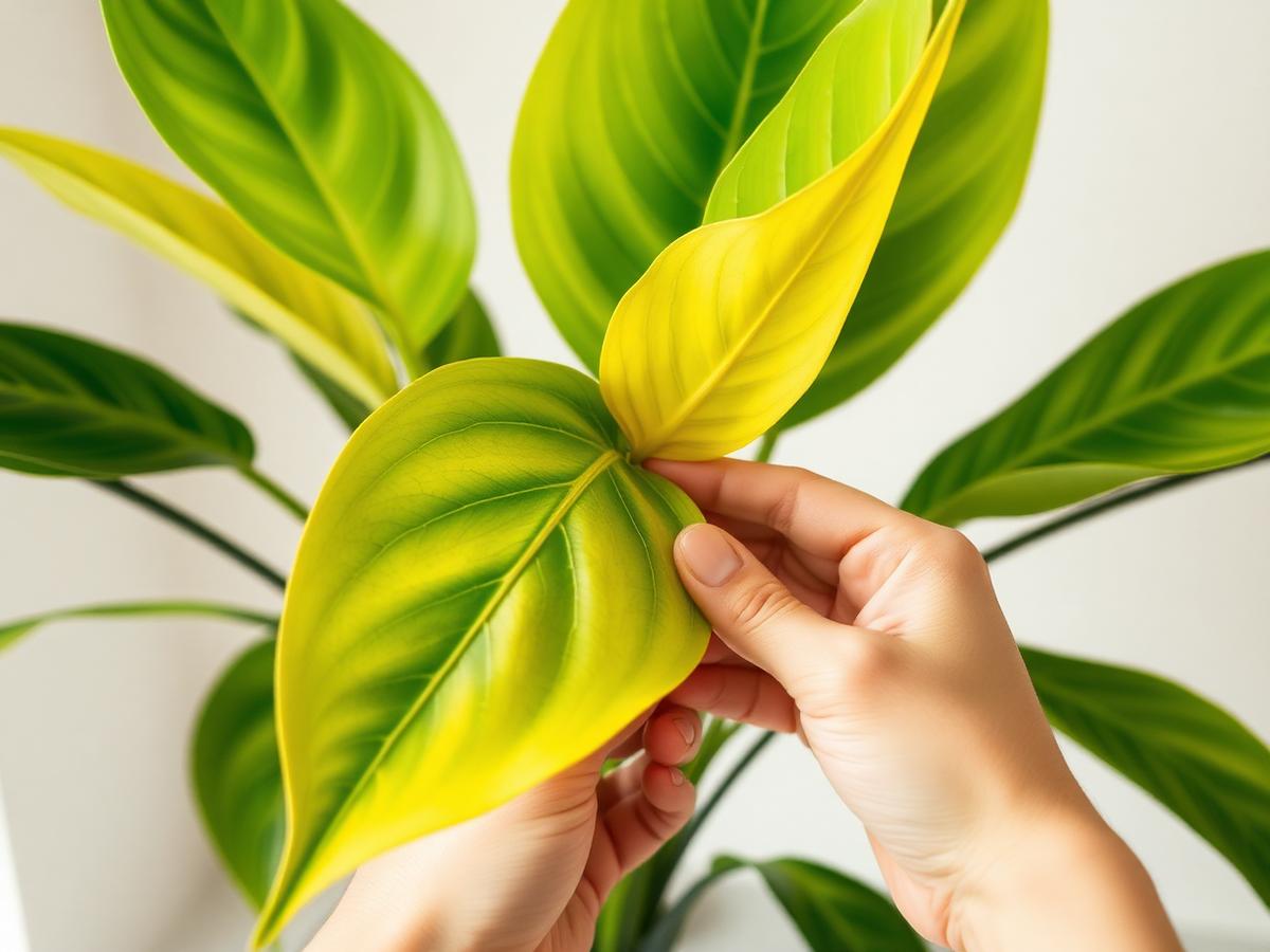 Hand holding a yellowing houseplant leaf for inspection