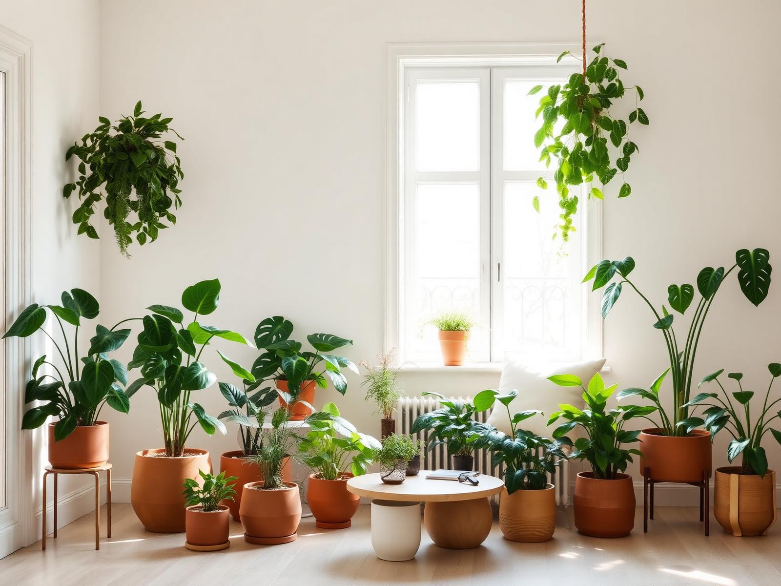 A bright plant-filled Scandinavian living room with houseplants in terracotta pots